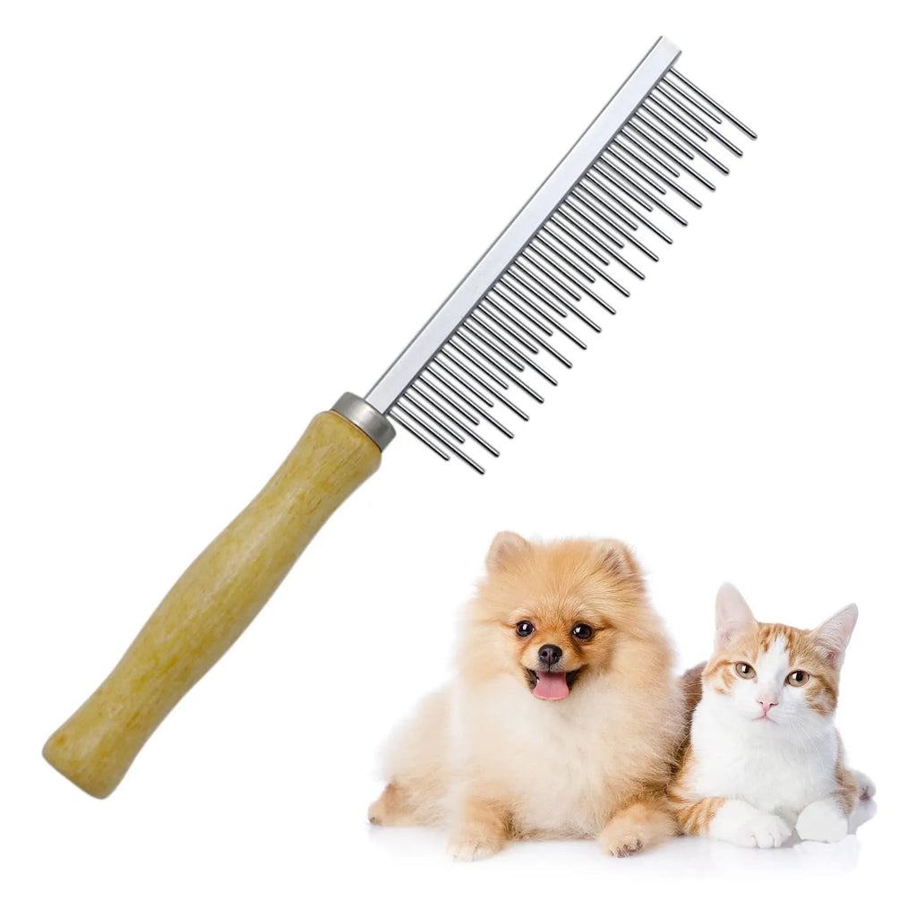 Wooden handle pet grooming comb for dogs and cats showing rounded teeth