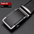 Men's leather belt with an automatic comfort click buckle in a choice of gun black, silver, or gold colours.