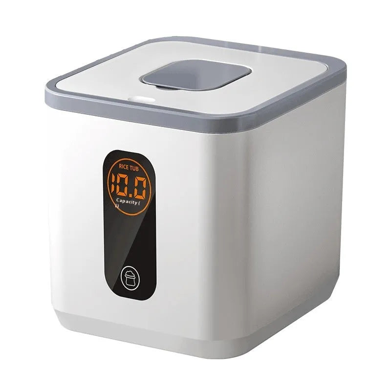 Grey plastic sealed rice storage jar with a lid, shown with a measuring cup.