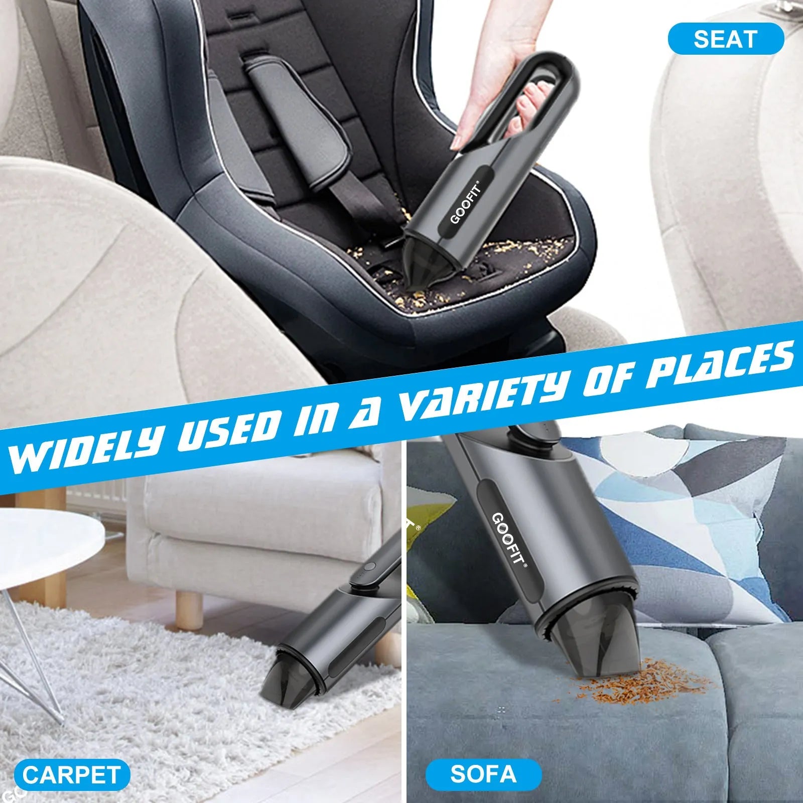 Black portable wireless car vacuum cleaner with brush and flat attachments on fabric storage bag