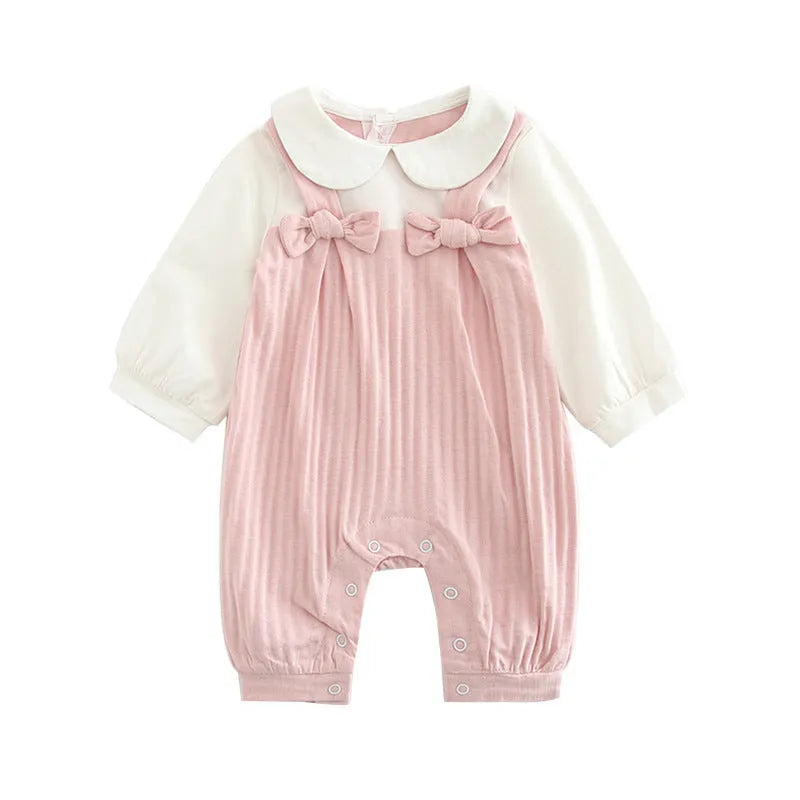 Pink 100% cotton embroidered jumpsuit for a baby girl, with long sleeves and single-breasted closure.