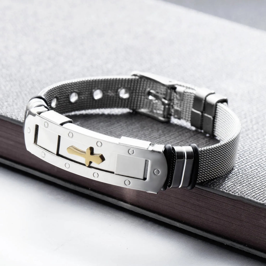 Meaeguet stainless steel cross charm bracelet for men with adjustable rope chain and toggle clasp