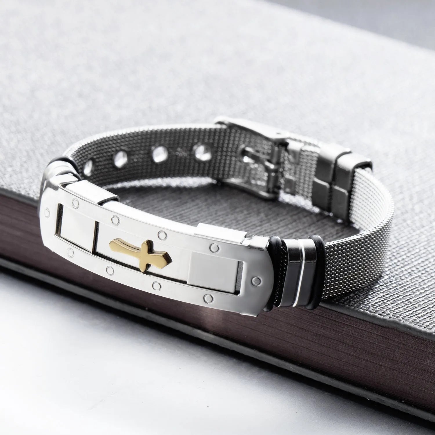 Meaeguet stainless steel cross charm bracelet for men with adjustable rope chain and toggle clasp