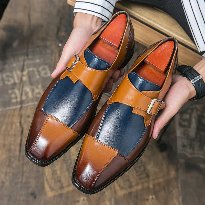 Men's brown blue and black retro buckle leather shoes with tall crown design