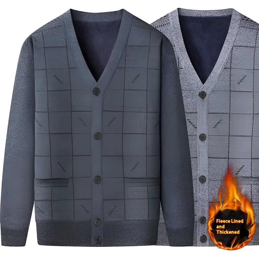 Men's dark grey fleece-lined cardigan with batwing sleeves on a hanger
