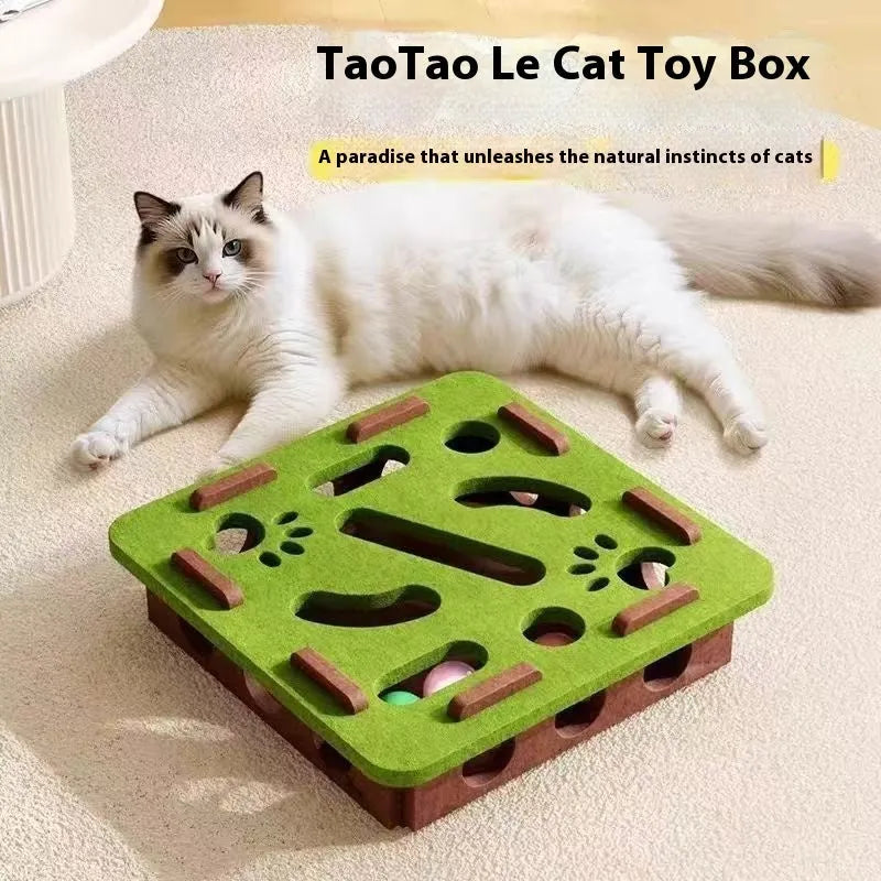 Green brown felt box cat toy with holes for paw play, measuring 30x30x7.5 cm.