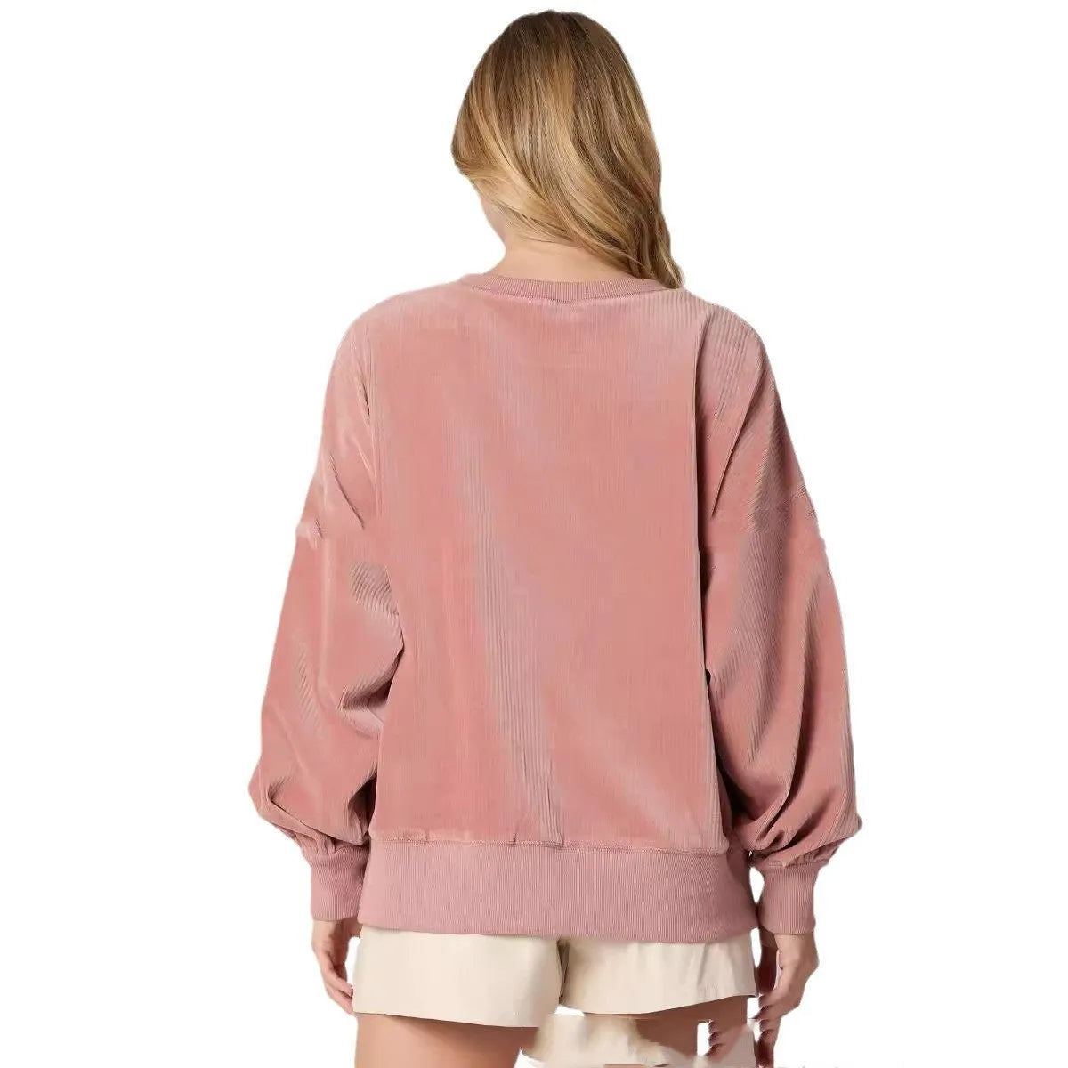 Loose rose pullover sweater with round neck, long sleeves and sequin cake pattern, sizes S to XXL