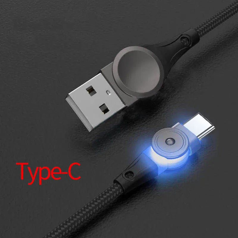 Black universal charger cable with rotating zinc alloy connectors for iPhone and Android phones.