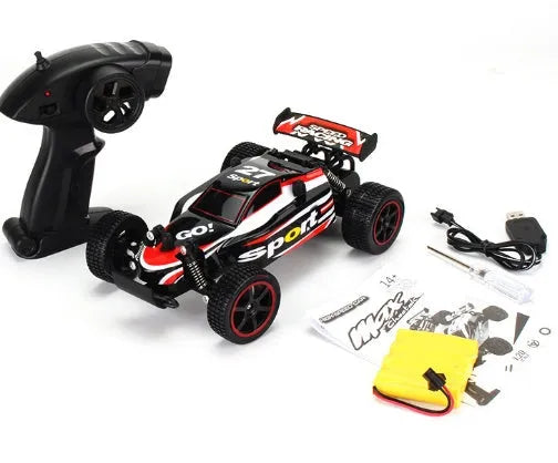 Blue and yellow 1:18 scale remote control drift car with 2.4GHz transmitter on a flat surface