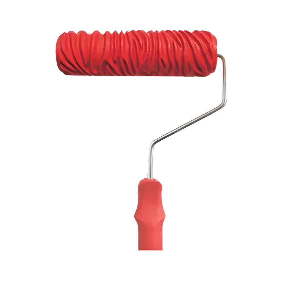 Red rubber paint embossing roller for creating textured wall patterns with standard paints