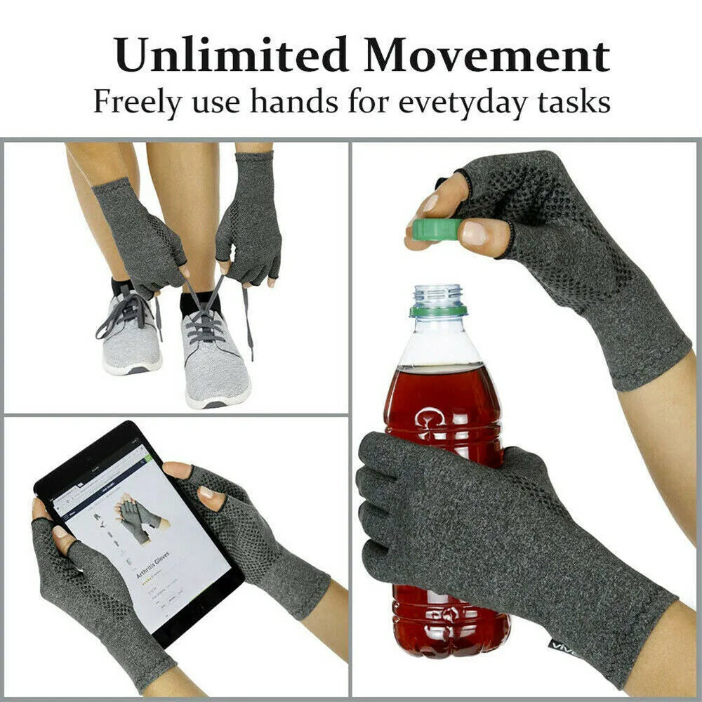 Grey half-finger compression gloves with anti-slip silicone grip strips on palms