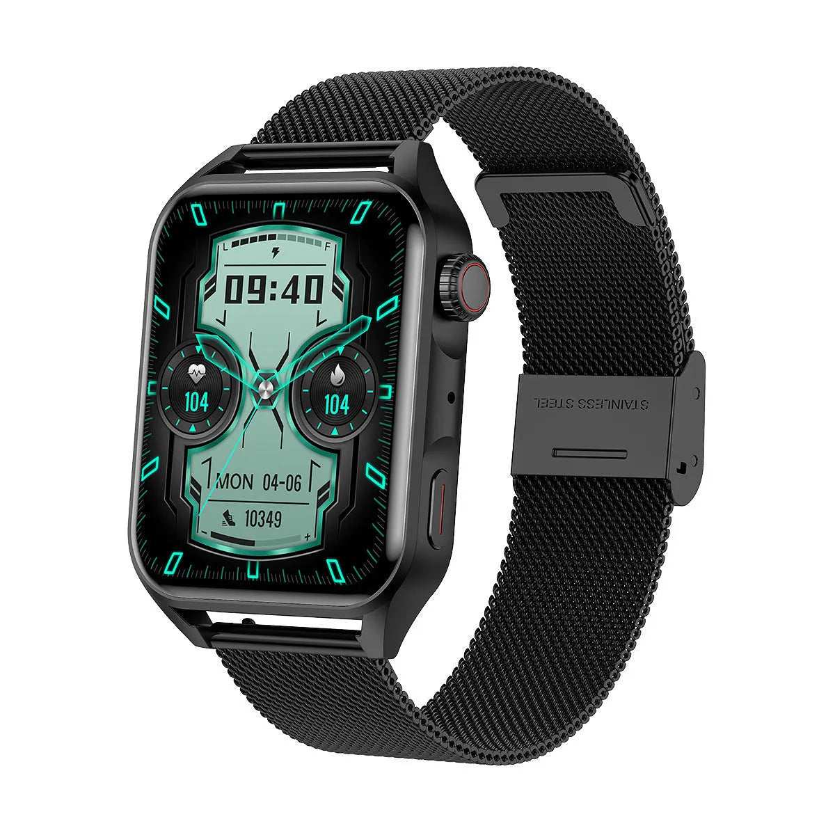 Pink, black, and silver grey AMOLED NFC smartwatch on a silicone strap showing its 1.8-inch touchscreen.