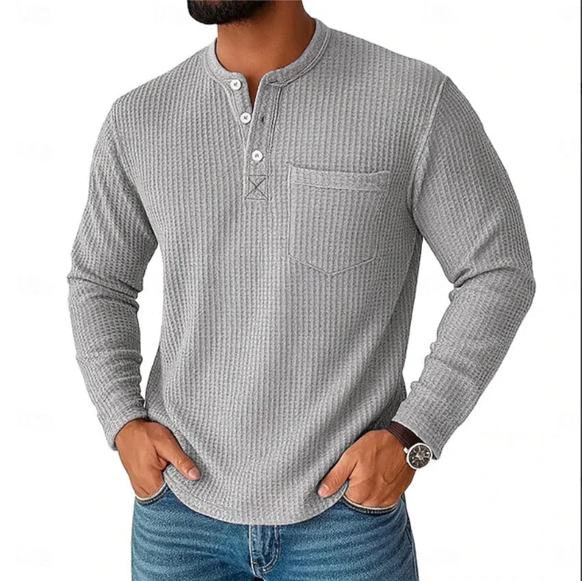 Men's long sleeve Henley shirt casual jacket with collar button in light gray, lightweight chemical fibre blend