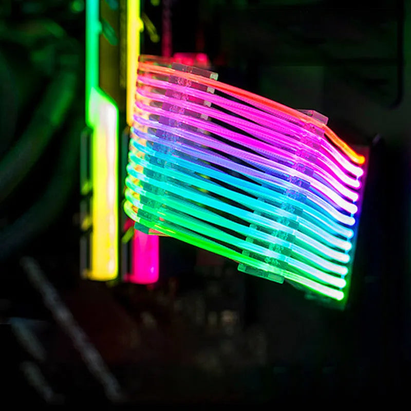 25 cm computer case cable extension with transparent silver-plated wire, light row, and RGB support for PC builds.