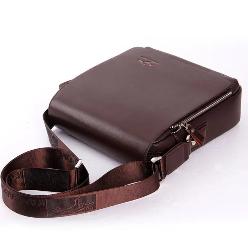 Men's PU leather messenger bag solid colour vertical model in Brown with cover closure and slit pocket