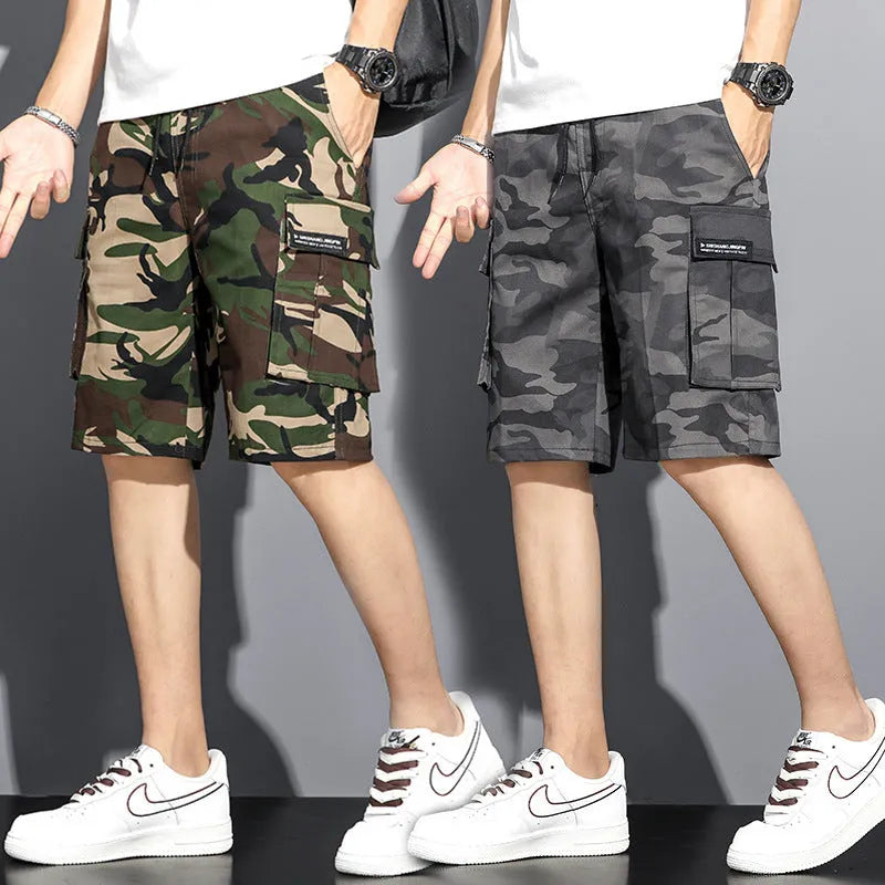Men's camouflage five-point workwear shorts, mid waist drawstring, thin polyester, sizes M to 4XL