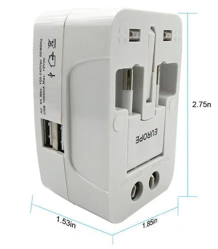 Compact white universal travel plug converter adapter for international sockets.