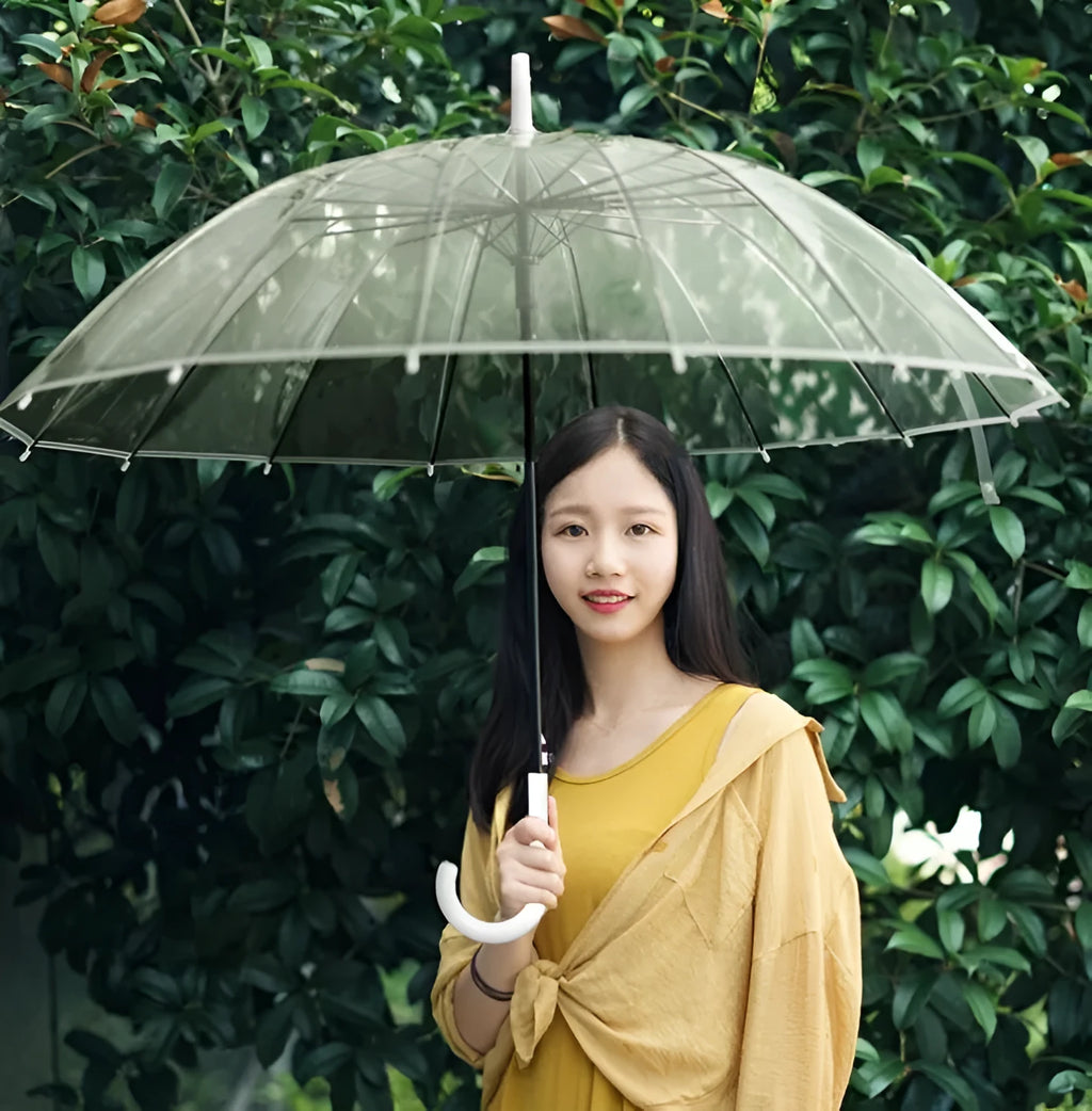 Long-handled transparent umbrella with black steel frame and white handle on a black background.