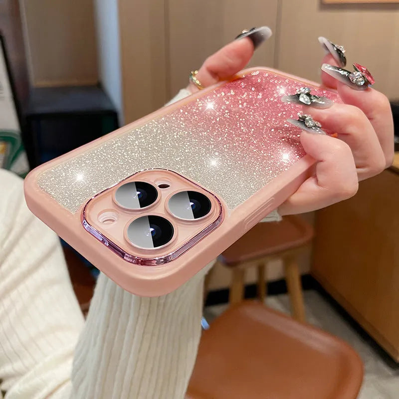 Transparent glitter gradient magnetic iPhone case for iPhone 15 Pro Max in pink and silver.