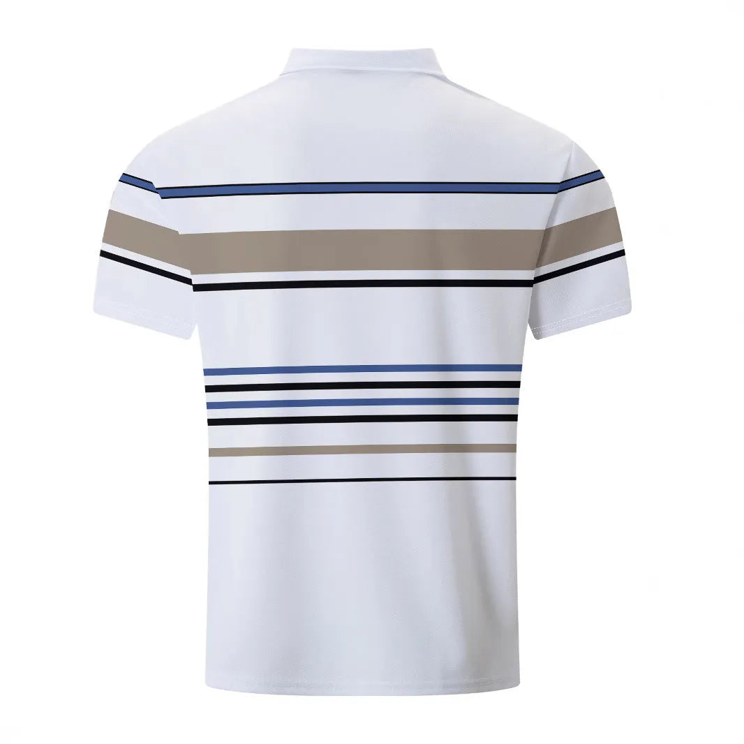Men's white striped short sleeve polyester t-shirt for summer business casual wear