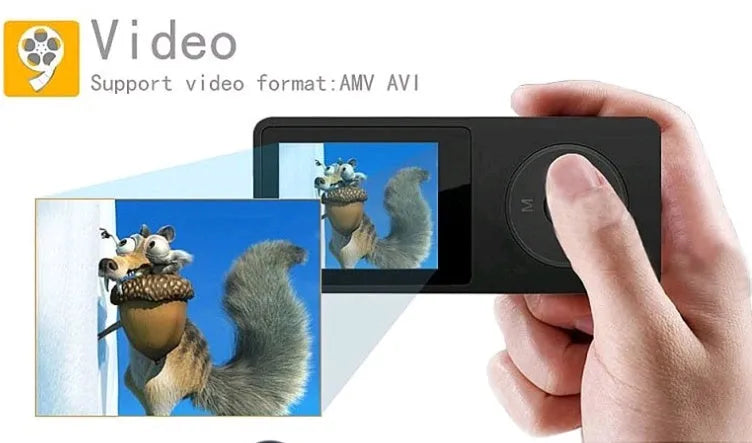 Compact MP4 player with 1.8 inch colour screen showing video playback interface