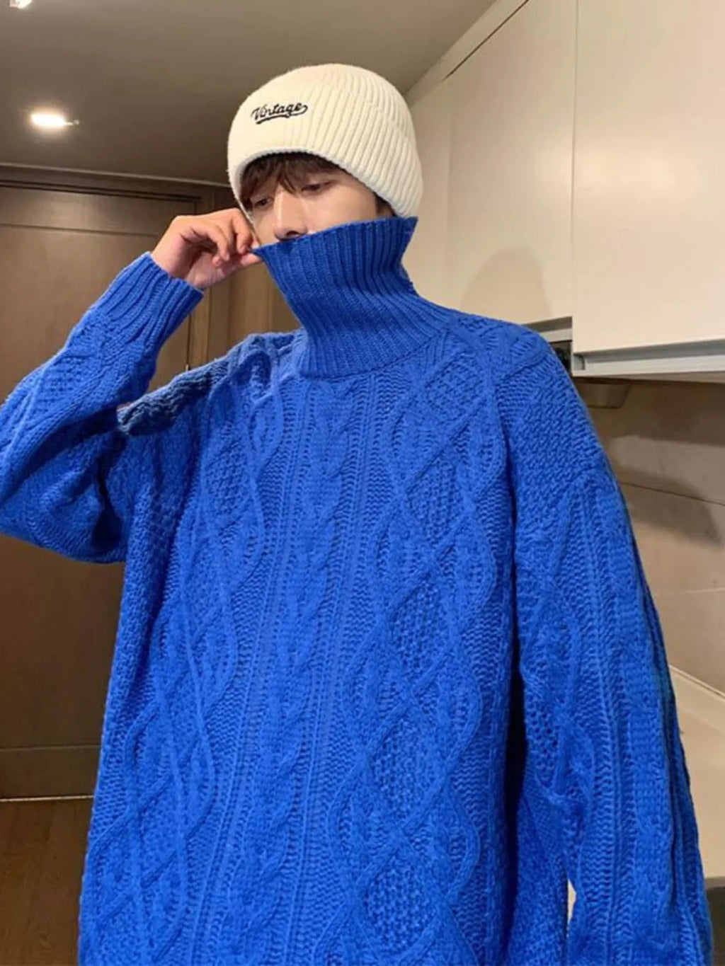 Japanese-style retro green jacquard turtleneck sweater, loose fit wool blend knit jumper for women