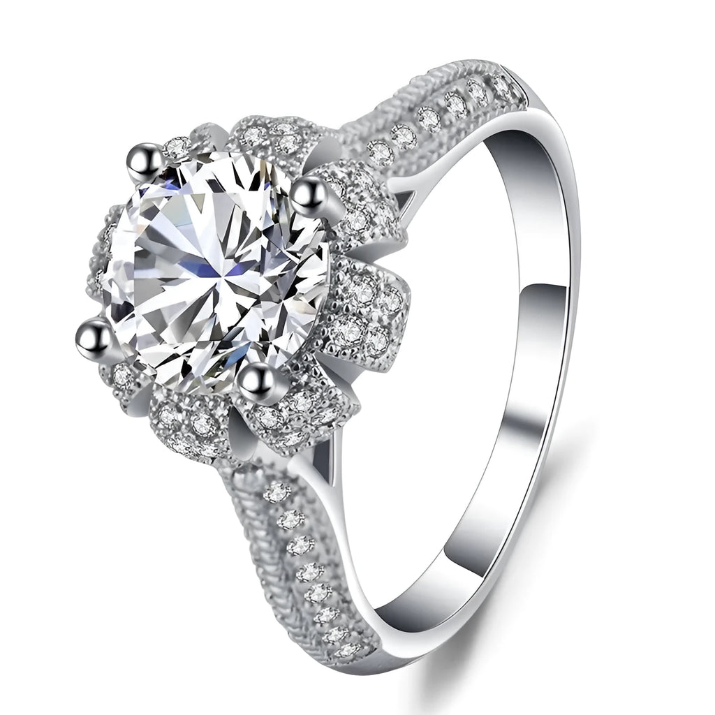 White copper ring with micro-inlaid zircon stones, geometrical Korean style, available sizes 6-10