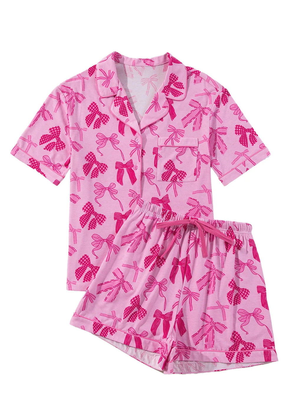 Pink bow print two-piece pajama set with thin polyester fabric