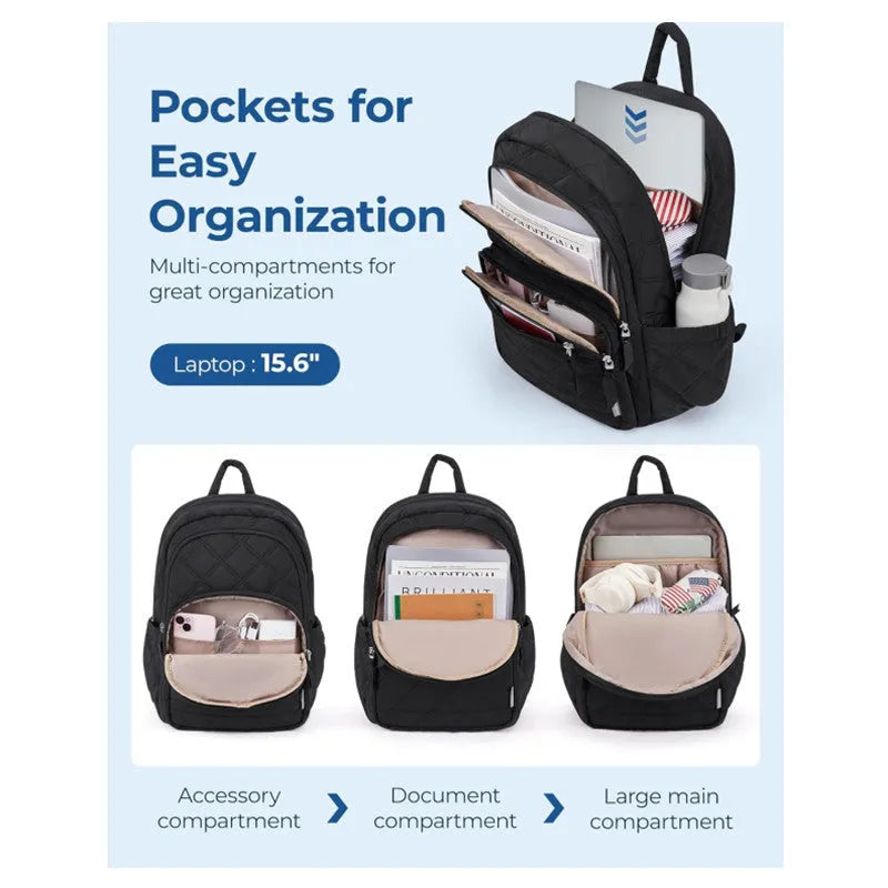 Waterproof nylon travel laptop backpack with air cushion straps, 30x20x44cm, black colour, plaid diamond pattern stitching