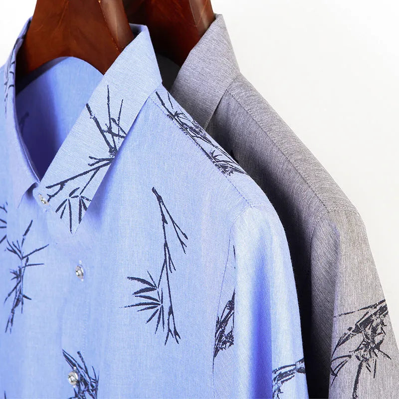 Men's printed slim fit short-sleeve shirt with pointed collar in blue – polyester blend no-iron fabric