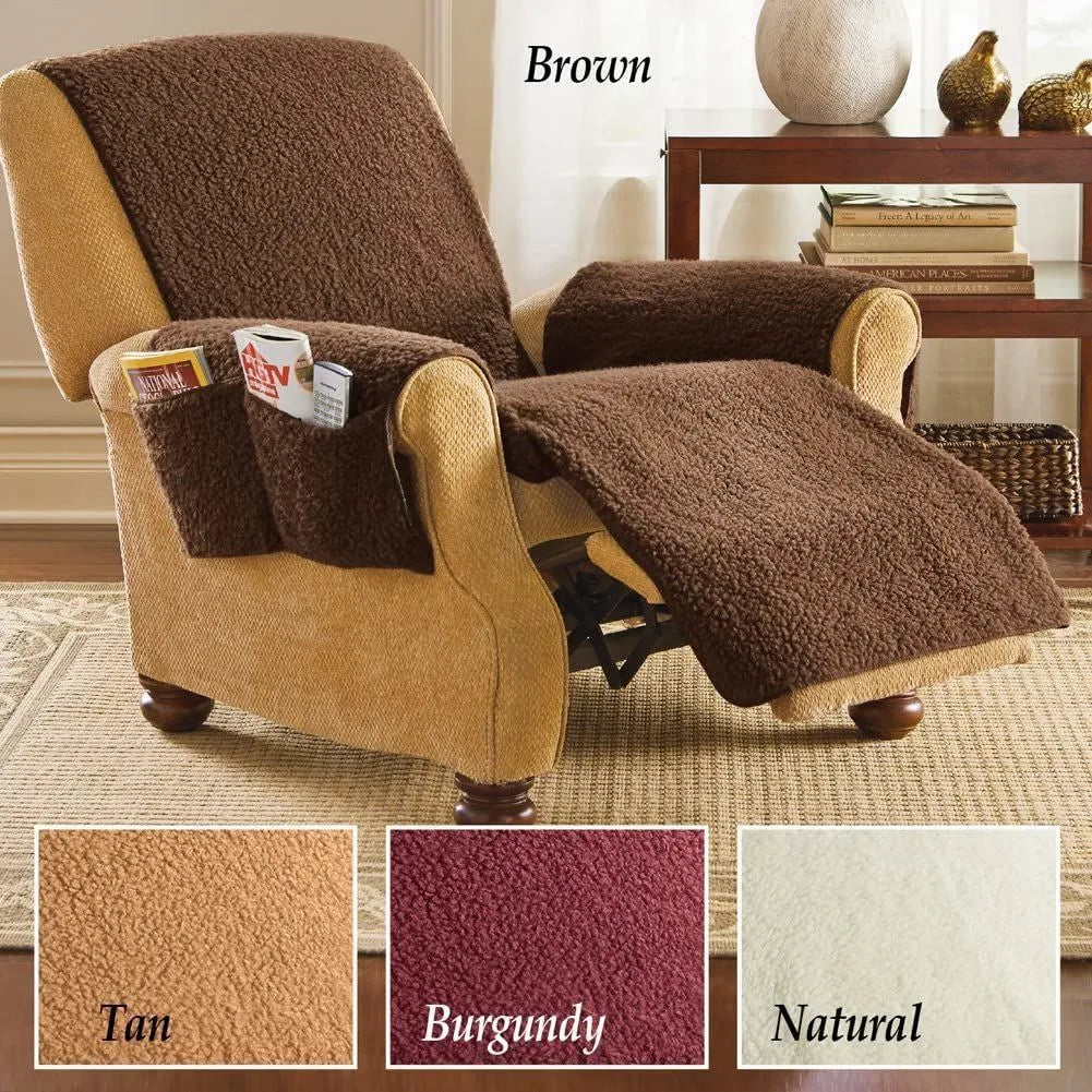 Polyester sofa cushion slipcover in lambswool beige colour on a sofa seat.