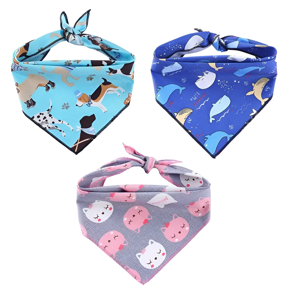 Dog wearing a 100% cotton triangle scarf with animal print pattern and waterproof bib, L size 64x43cm