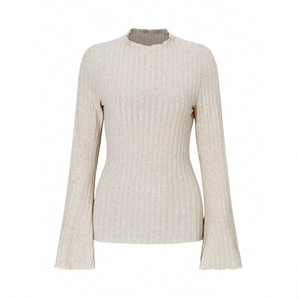 Khaki long sleeve pullover top with a round neck, lantern sleeves, and a brushed sunken stripe texture.