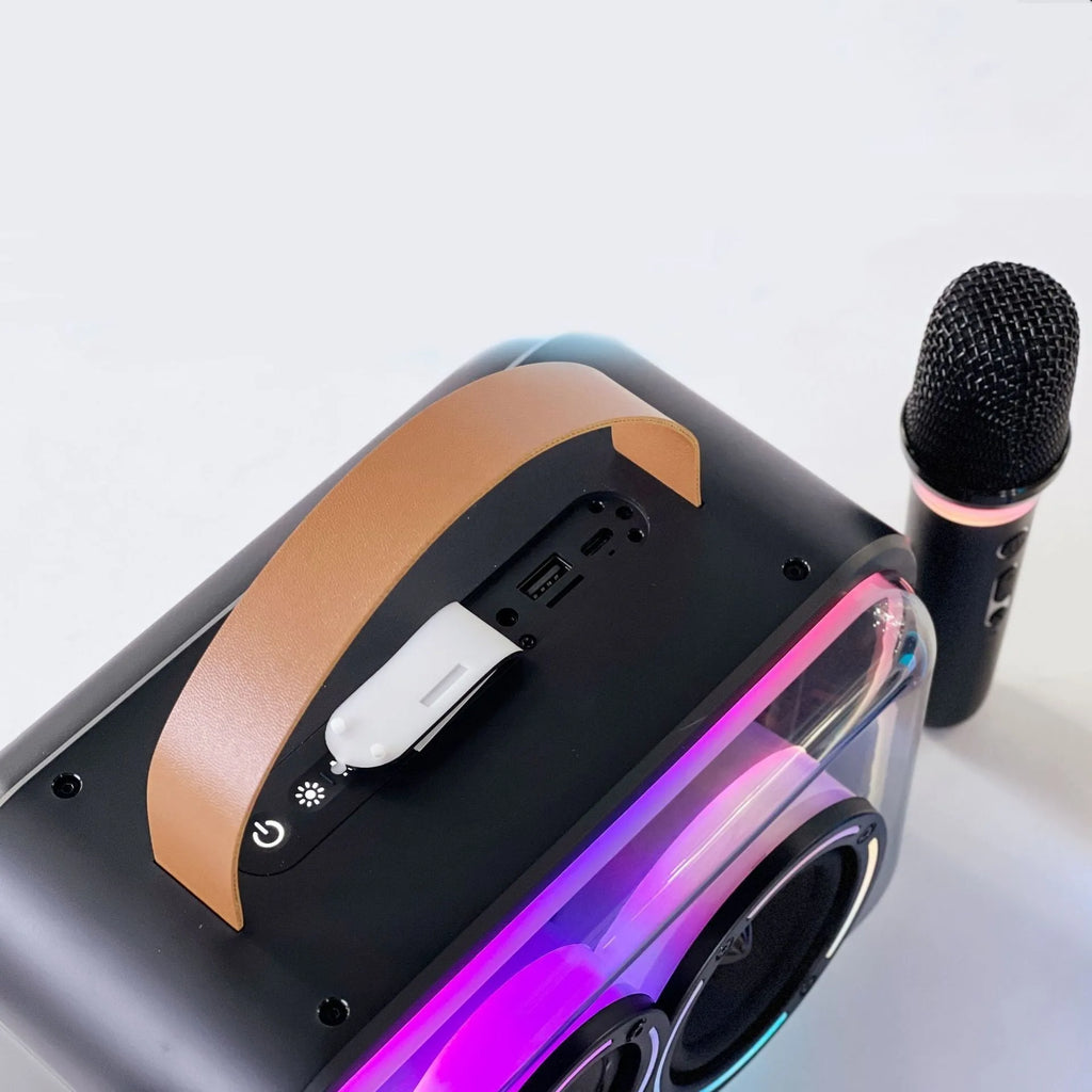 Bluetooth portable karaoke speaker with RGB lighting in black or light yellow colour