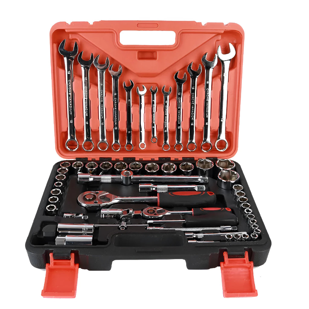61-piece chrome vanadium steel auto repair socket and wrench set in a box.