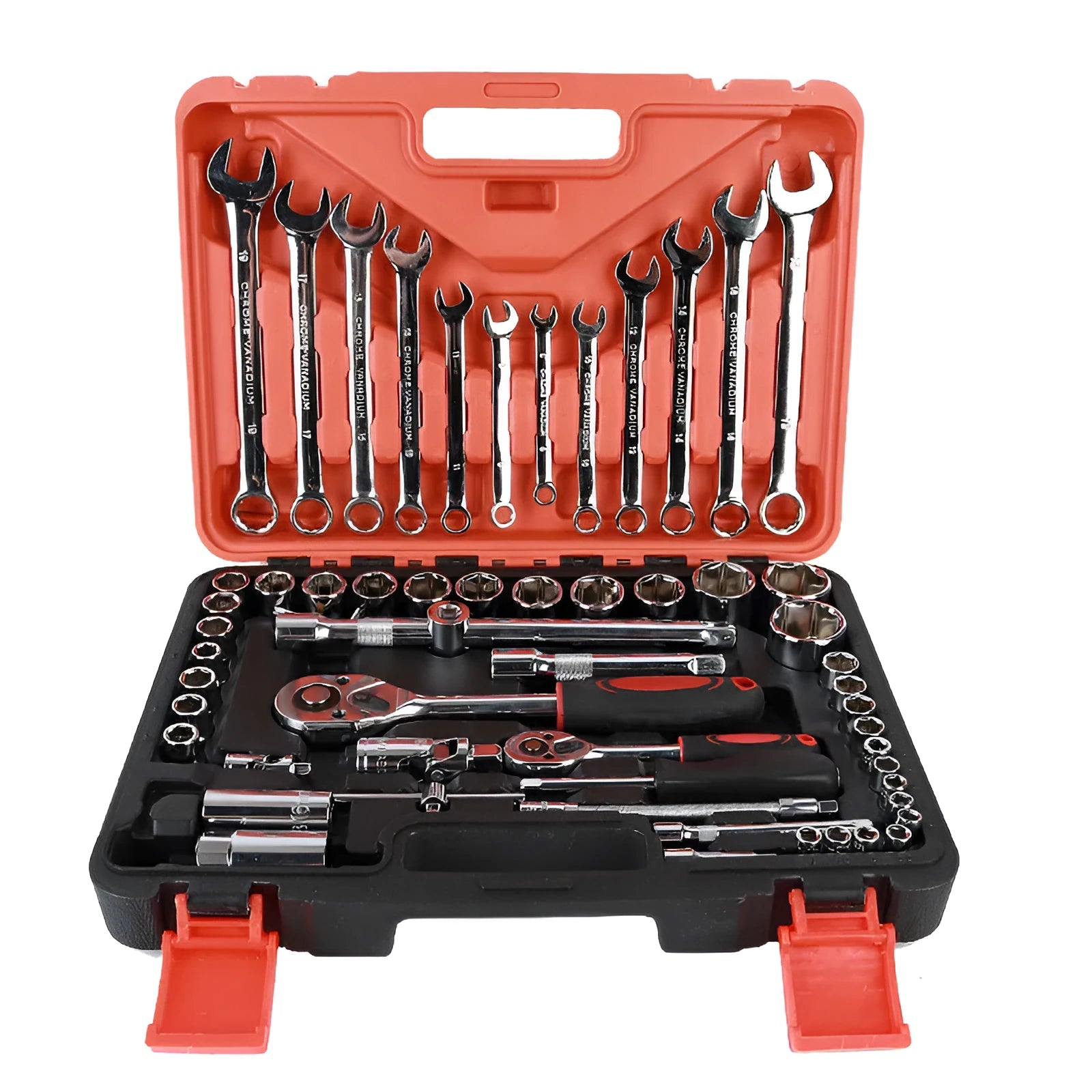 61-piece chrome vanadium steel auto repair socket and wrench set in a box.
