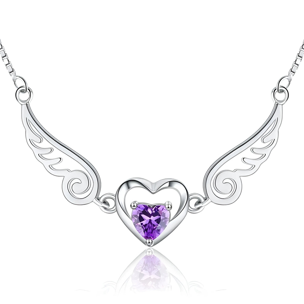 925 sterling silver angel wings pendant necklace with purple crystal heart on 45cm link chain
