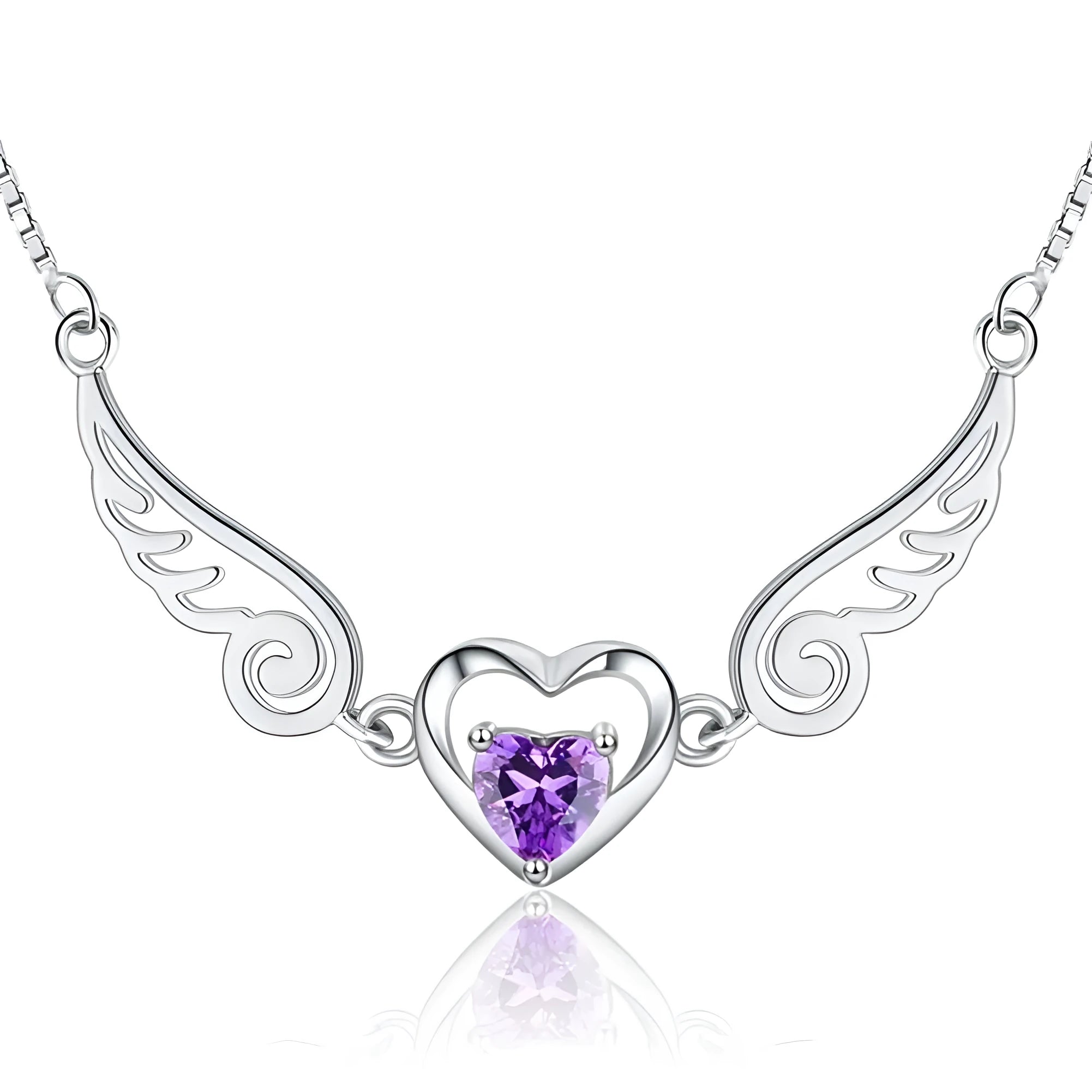 925 sterling silver angel wings pendant necklace with purple crystal heart on 45cm link chain