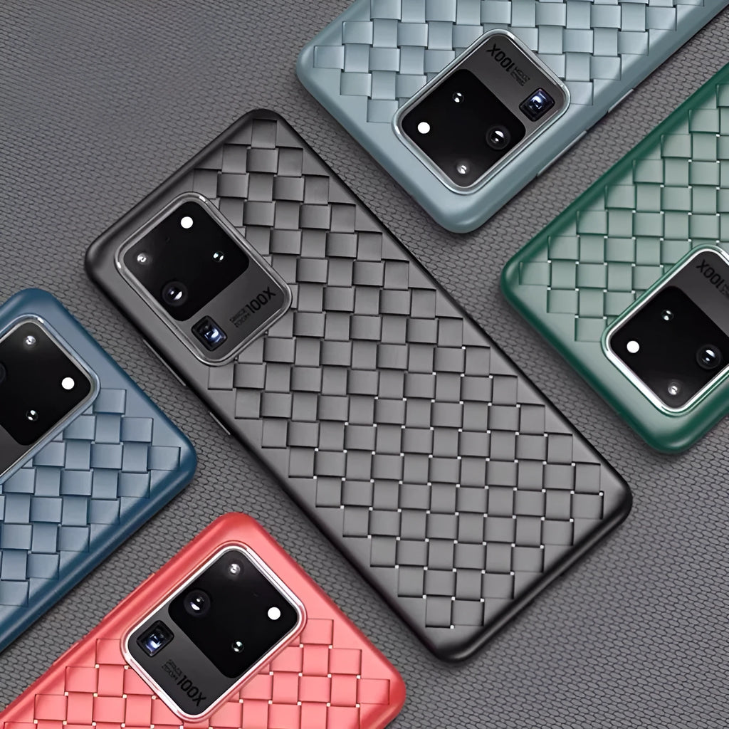 TPU woven phone case for Samsung Galaxy S20 in black, blue, green, grey, or red.