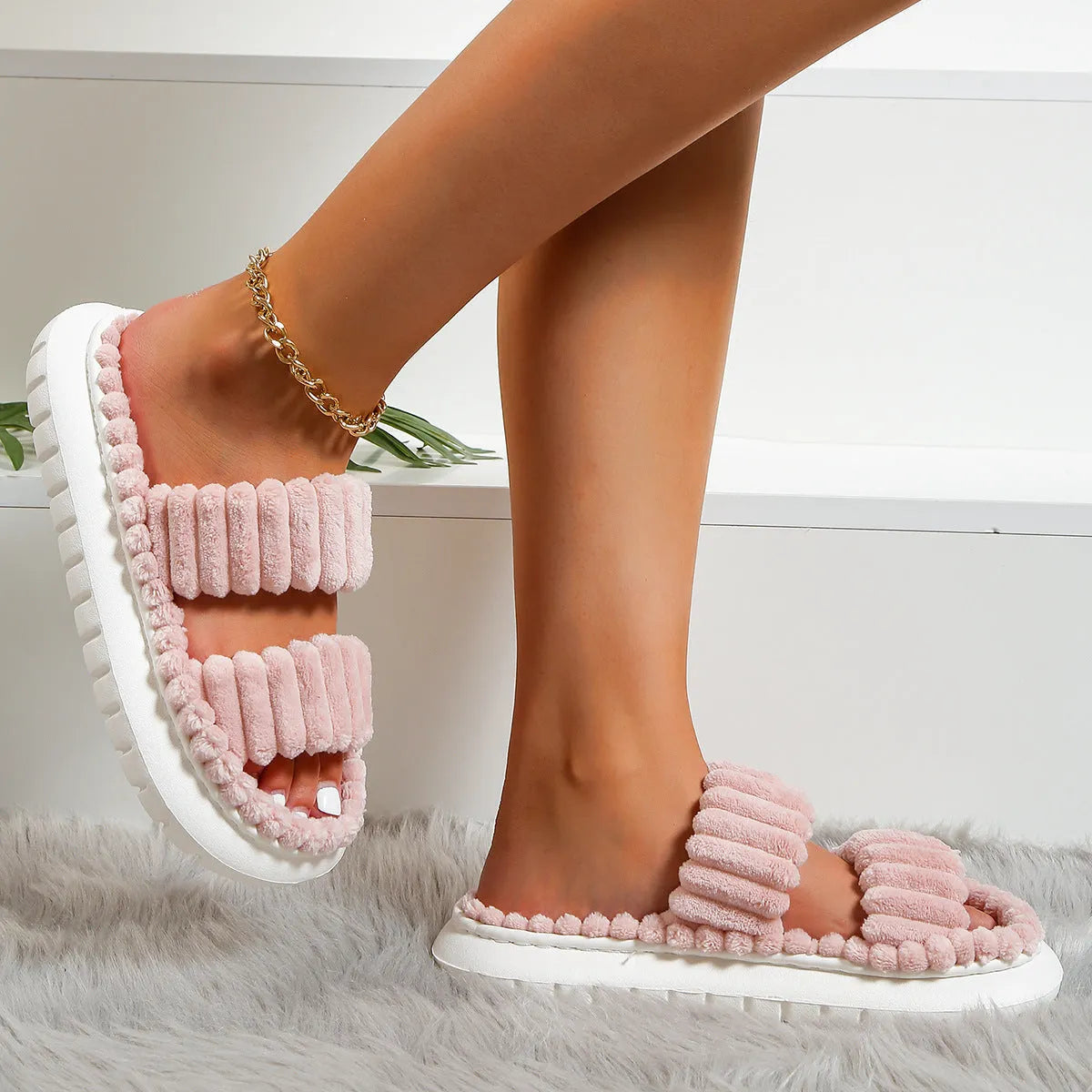 Women's cotton slippers with plush sheepskin suede upper, hollow out design, EVA sole, in black yellow pink white, sizes 36-43