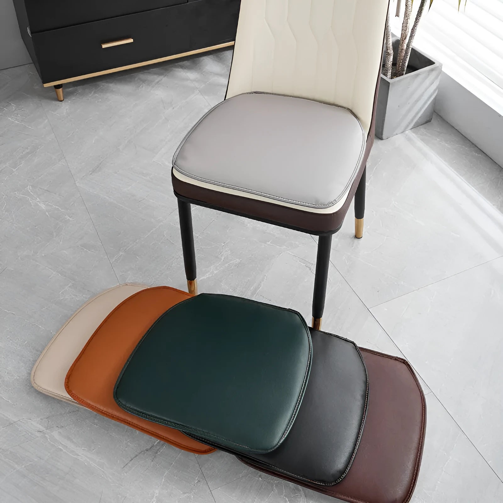 Leather horseshoe-shaped seat cushion with non-slip base in beige colour showing size dimensions