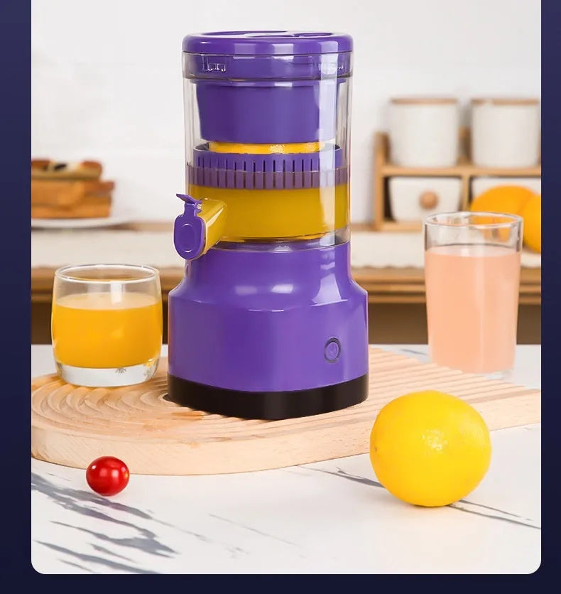 Purple USB rechargeable electric citrus juicer with detachable jug on a kitchen counter.