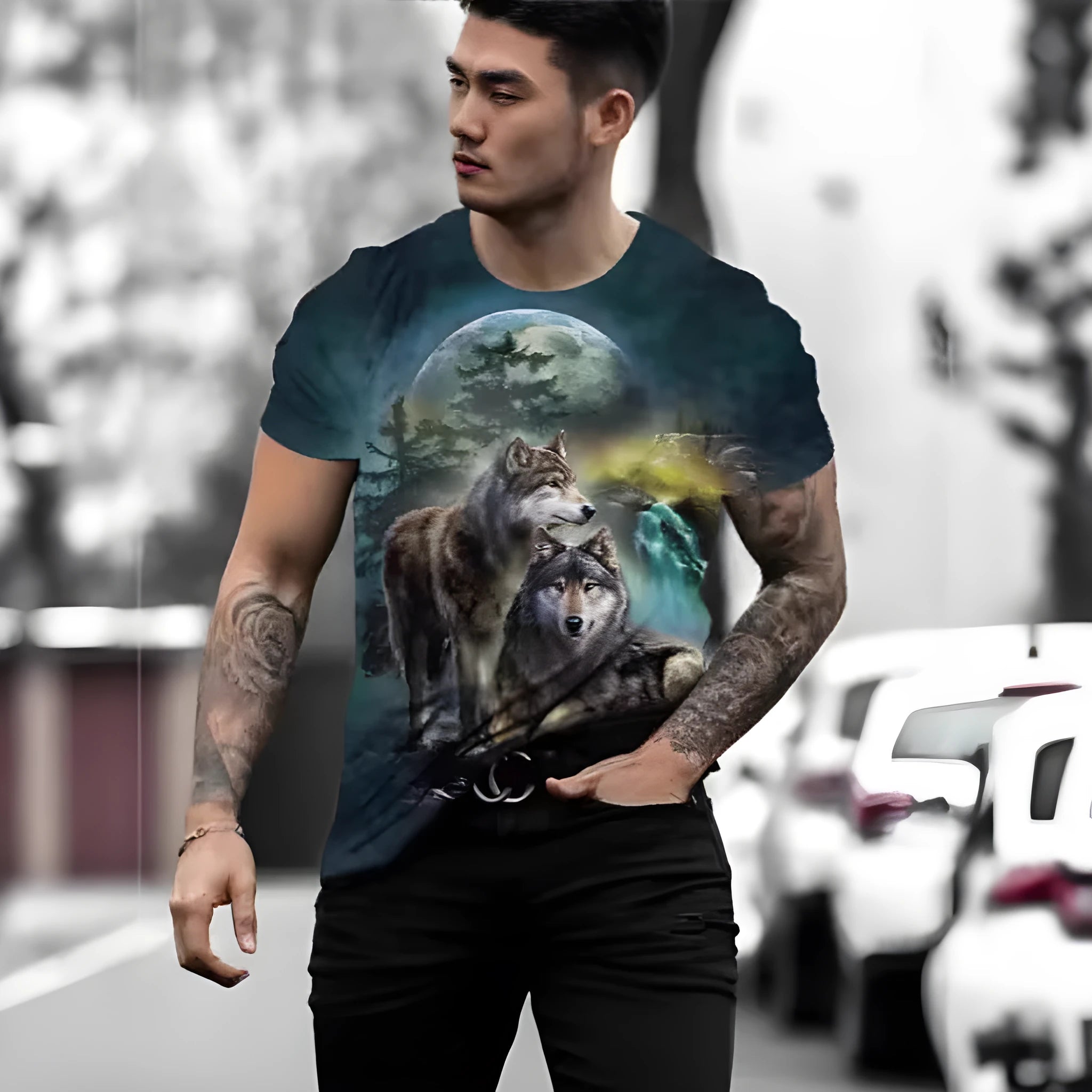 Retro style men's t-shirt with a 3D animal pattern print, short sleeves, and a pullover neck.