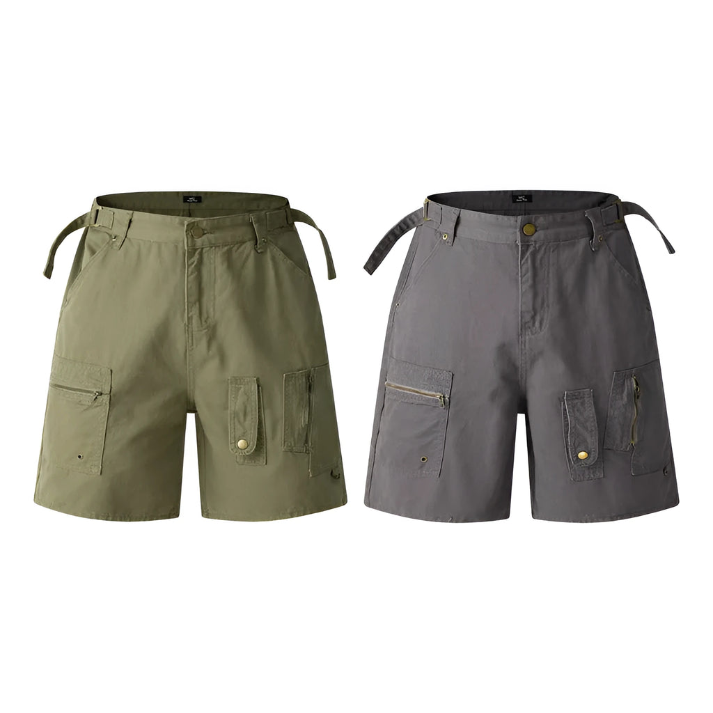 Retro loose-fit washed cotton shorts in camouflage colour on a neutral background.