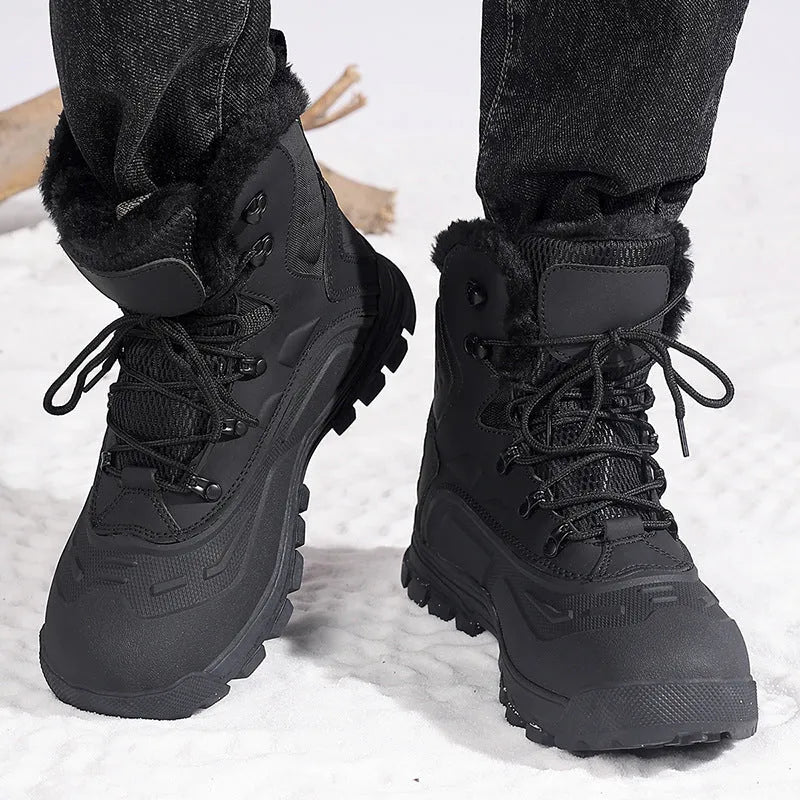 Men's black high-top fleece-lined boots with lace-up front, shown on a white background