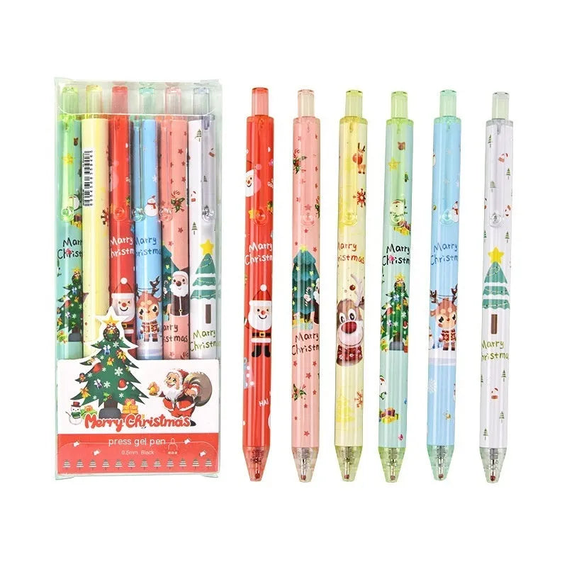6 cartoon design press gel pens with black refills in Christmas gift packaging