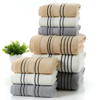 100% cotton household bath towel set in white, grey or khaki with two 34x74cm towels and one 70x140cm bath towel