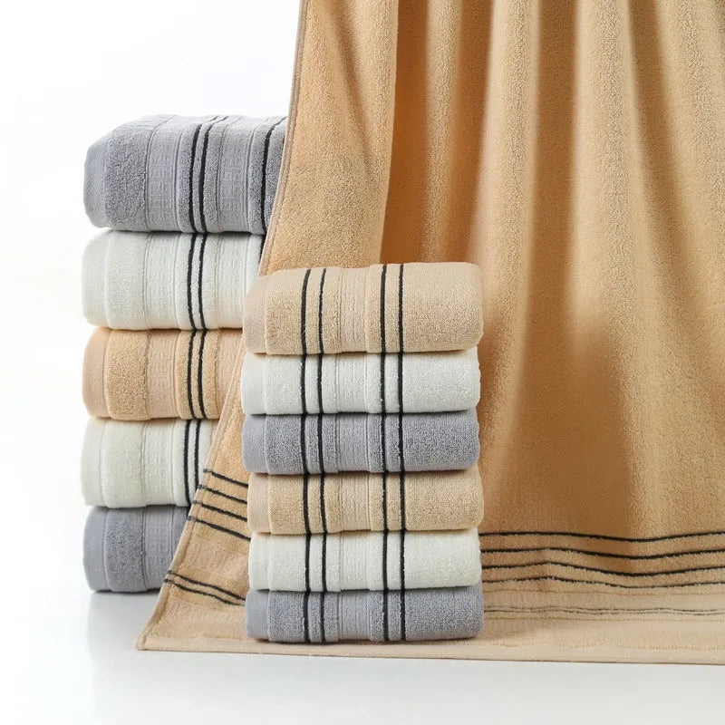100% cotton household bath towel set in white, grey or khaki with two 34x74cm towels and one 70x140cm bath towel
