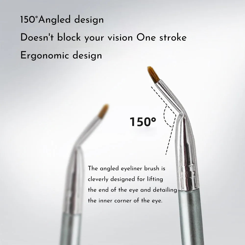 Close-up of a fine-tipped synthetic makeup brush for eyeliner and under-eye concealer application.