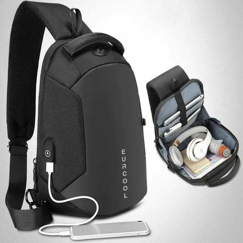 Men's black Oxford crossbody chest bag with USB charging port and multiple zippered compartments